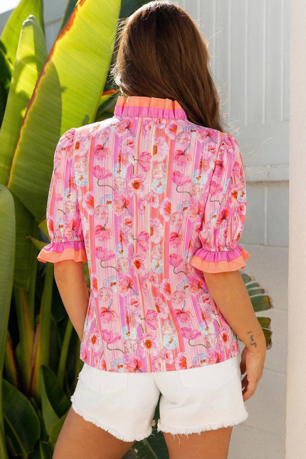 PRETTY BASH Floral Colorblock V-Neck Short Sleeve Blouse