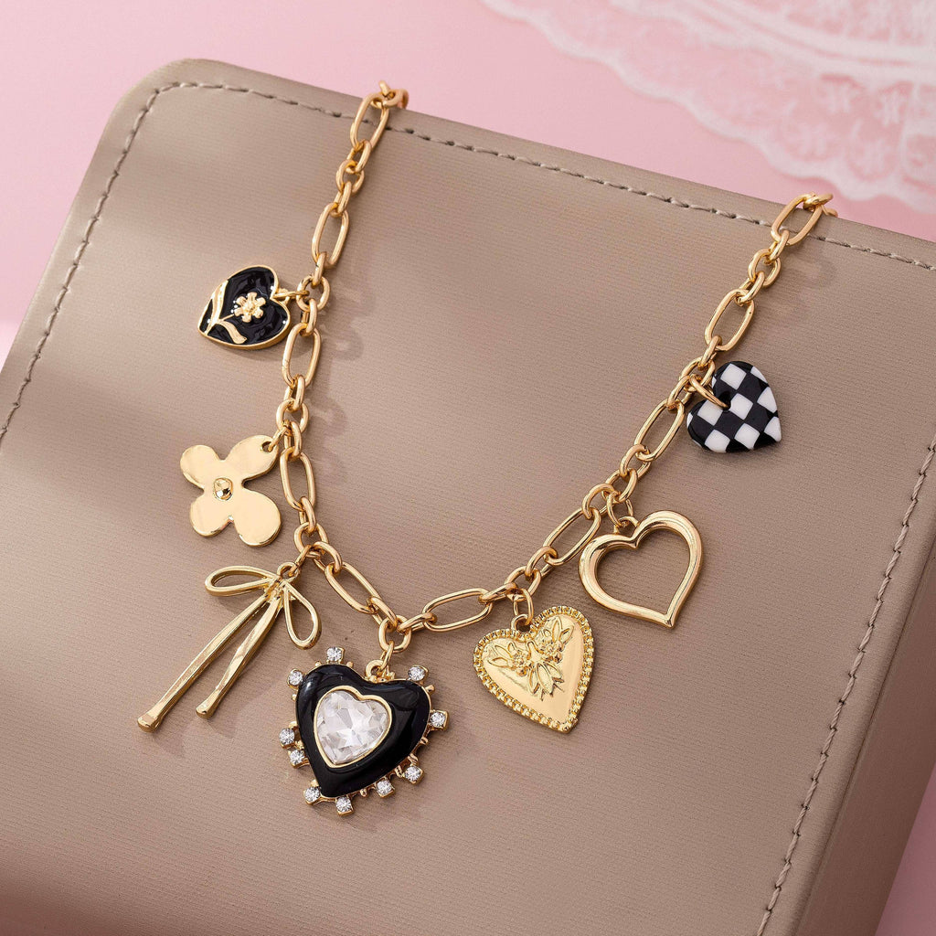 CHARM NECKLACE-BOW CHECKER HEART RHINESTONE | 80N92728