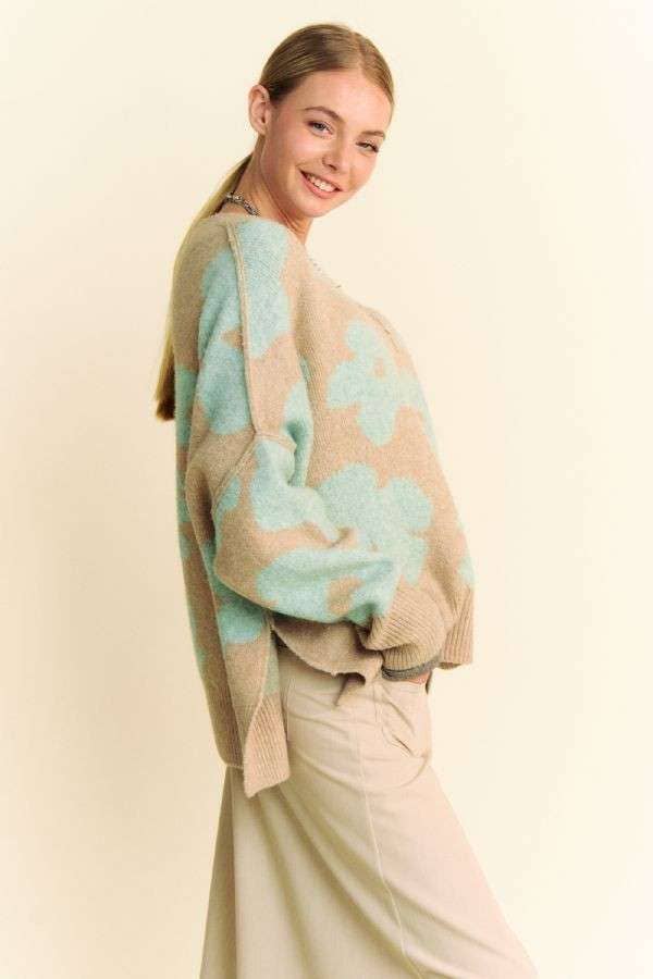 FLORAL LONG SLEEVE LOOSE FIT PULLOVER KNIT SWEATER
