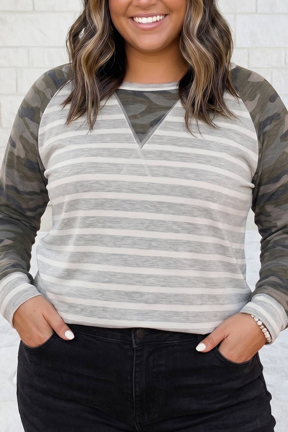 Striped Colorblock Round Neck Long Sleeve Plus Size Blouse