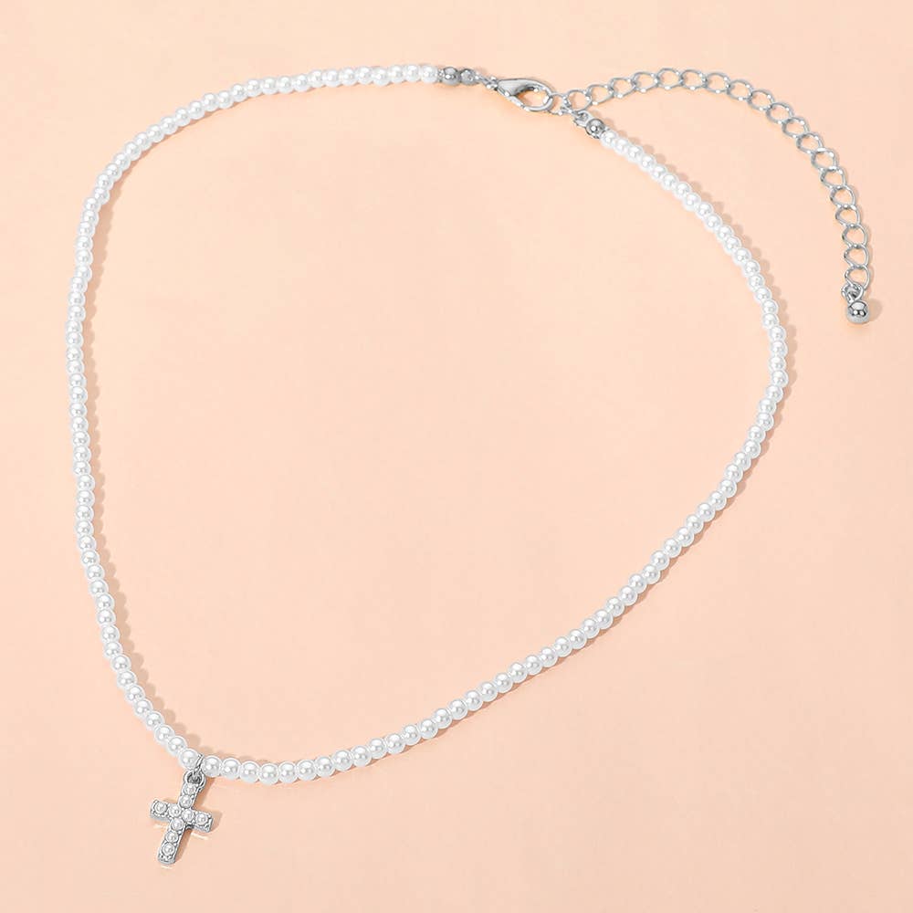 Cross Charm Pendant Pearl Beaded Choker Necklace