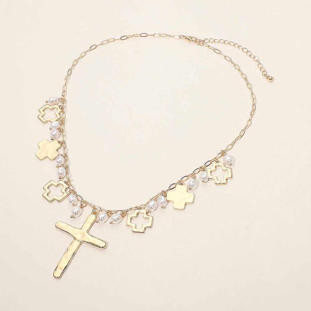 Hammered Metal Cross Pearl Charm Embellished Necklace