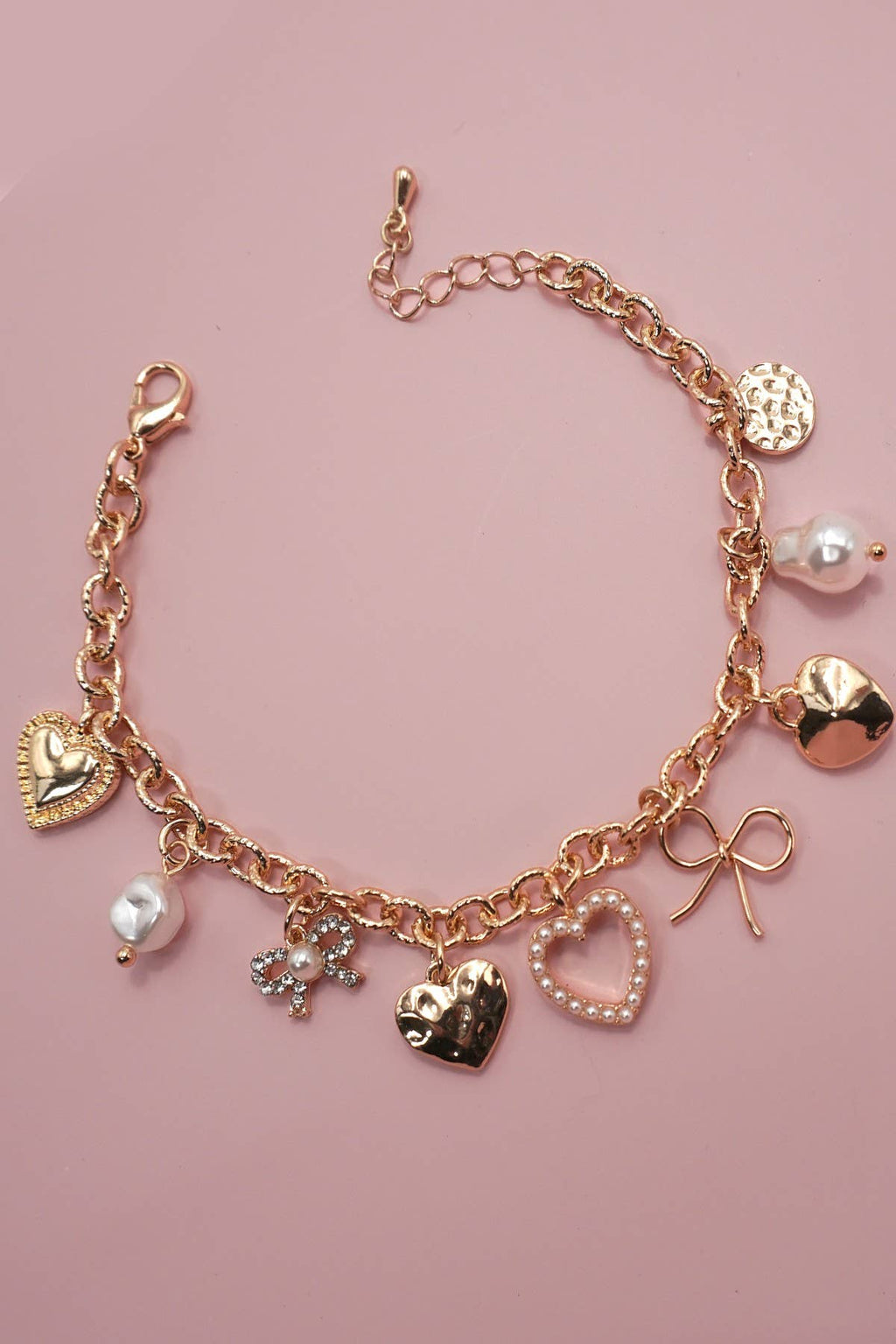 CHARM BRACELET-BOW HEART PEARL DISC CHARMS | 80B1290