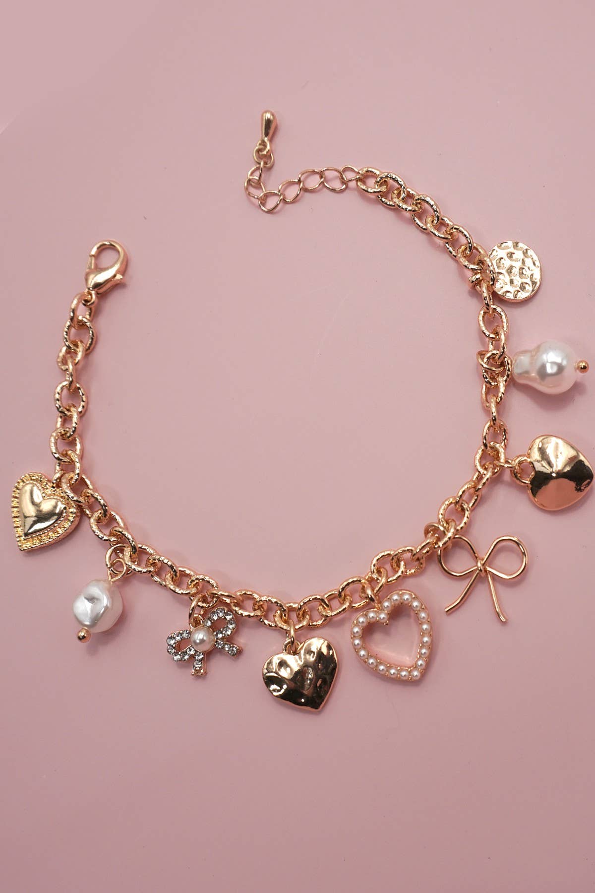 CHARM BRACELET-BOW HEART PEARL DISC CHARMS | 80B1290