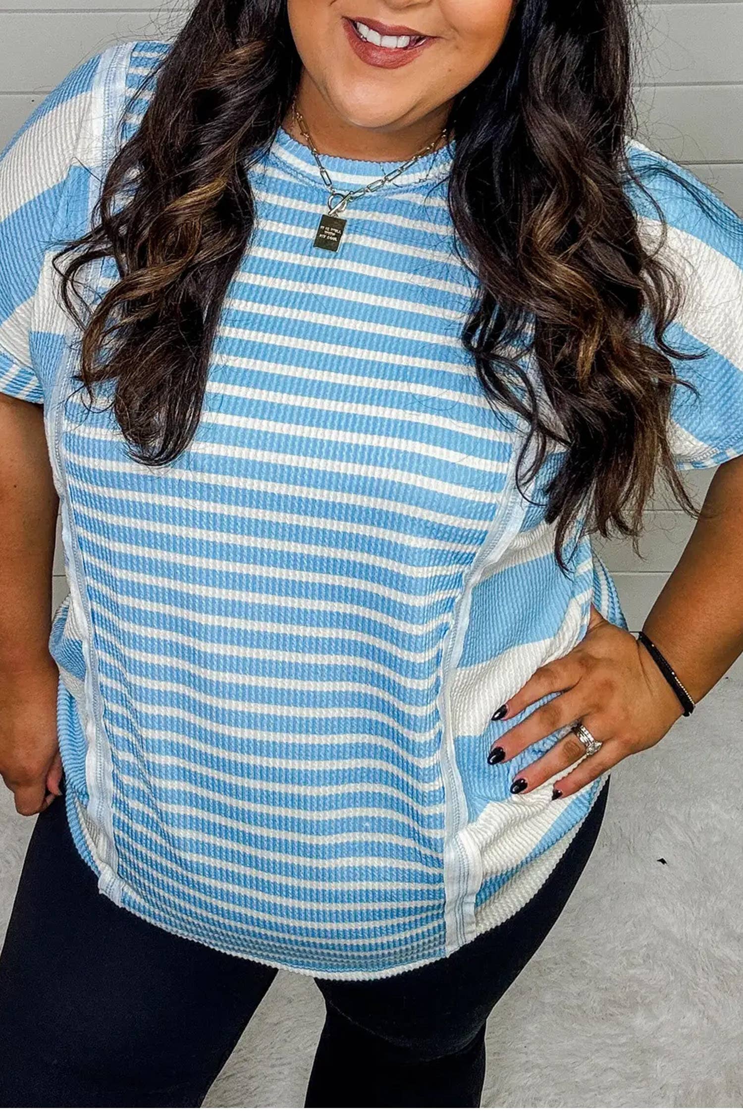 Plus Size Striped Raised Ribbed Knit Contrast Patchwork Tee