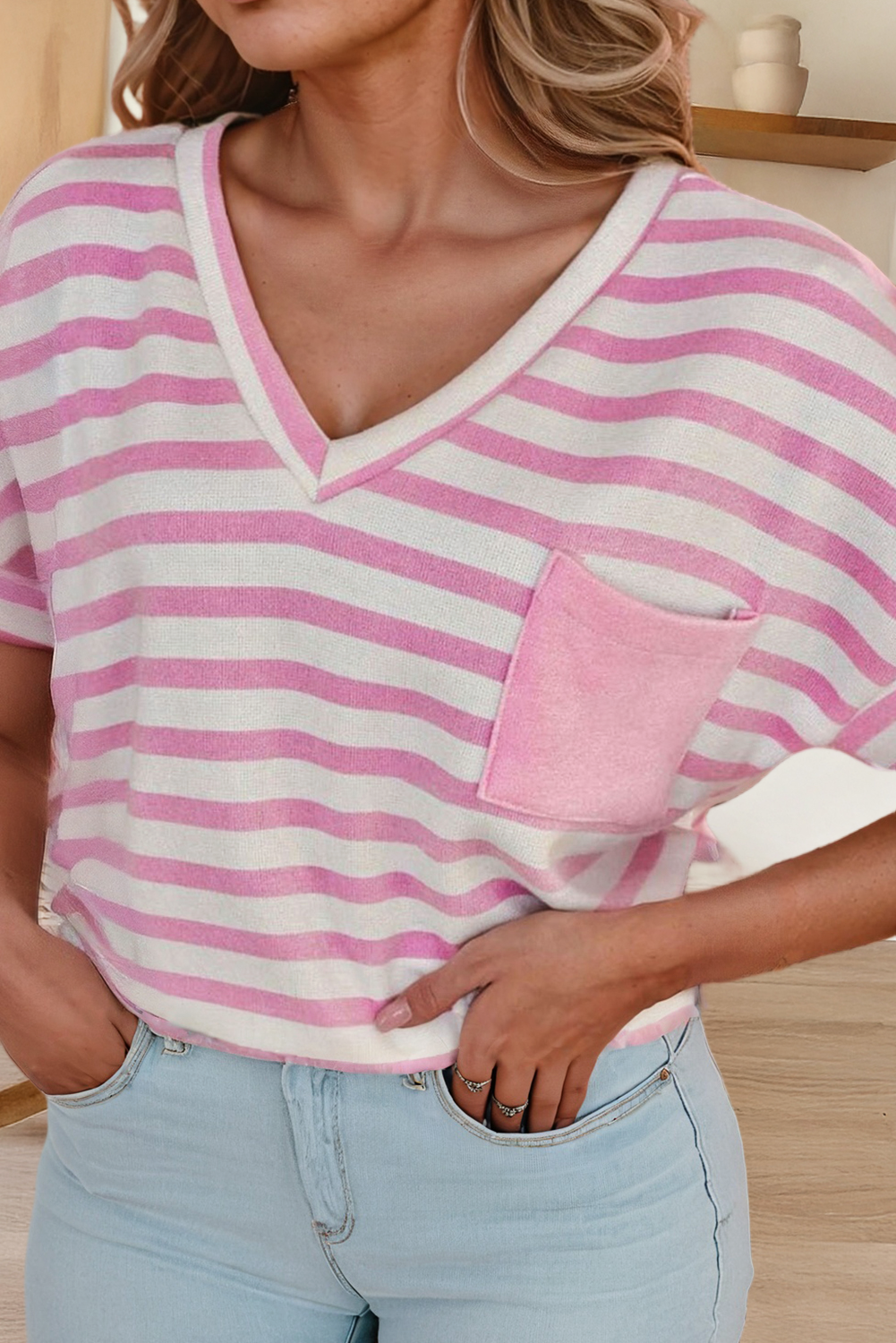 Plus Size Stripe V Neck Patched Pocket Casual T Shirt (S-4X)
