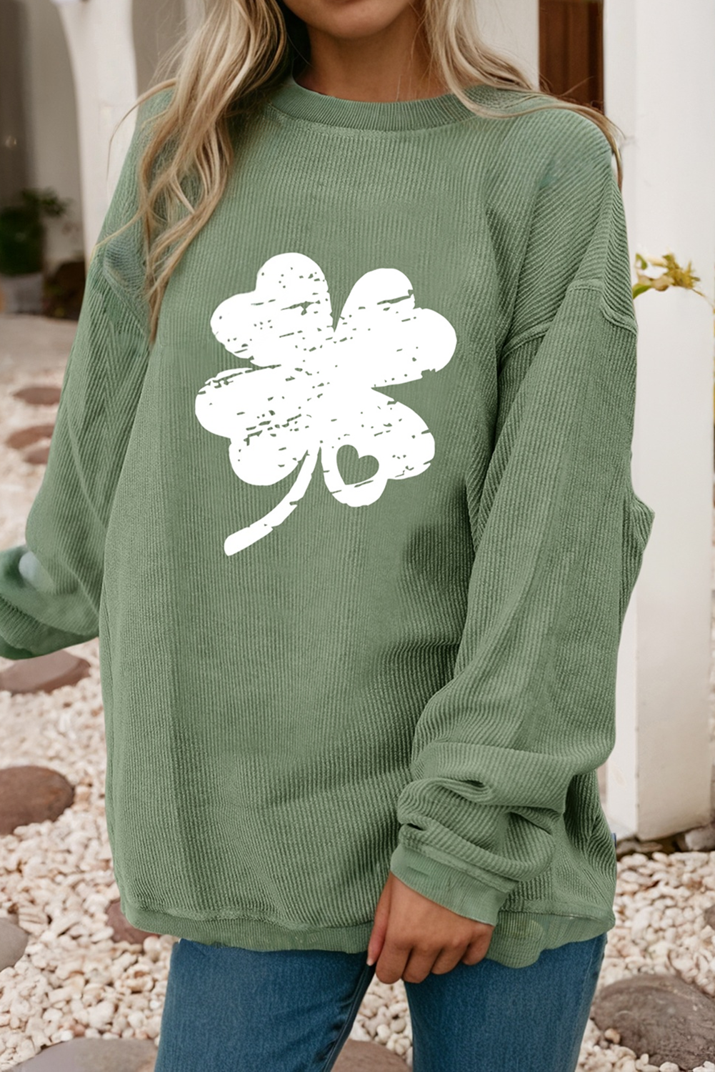 LDC Distressed Clover Print St Patricks Corded Sweatshirt