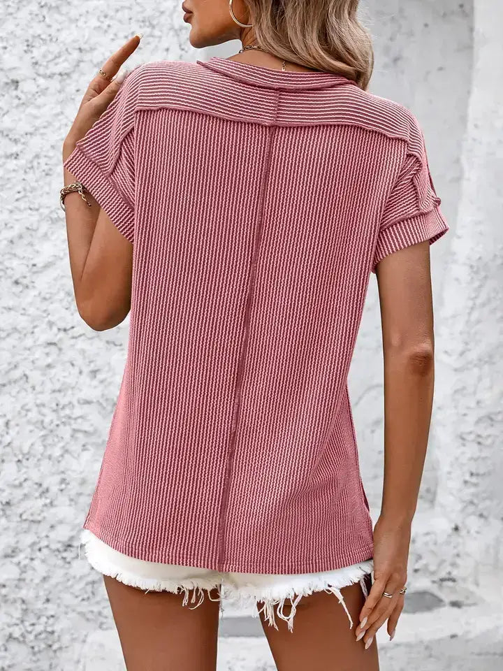 Pink Striped Textured T Shirt Loose Fit Short Sleeve Top