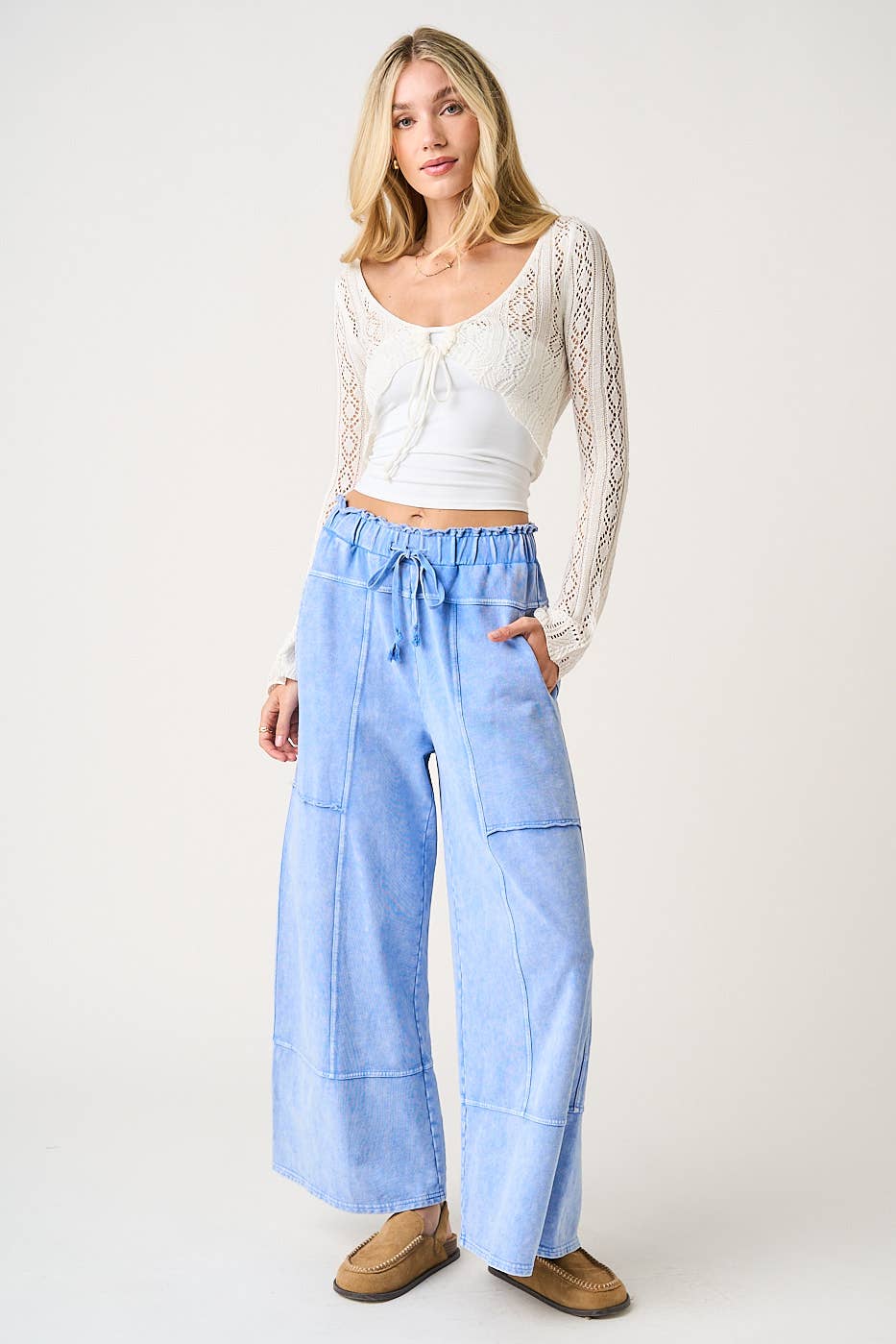 MINERAL WASH SEAM DETAIL WIDE LEG PANTS