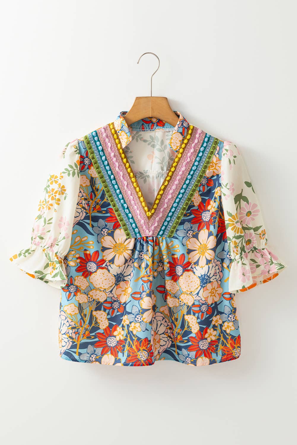 Boho Floral Crochet V Neck Half Sleeve Blouse | S-XL & 1X-4X