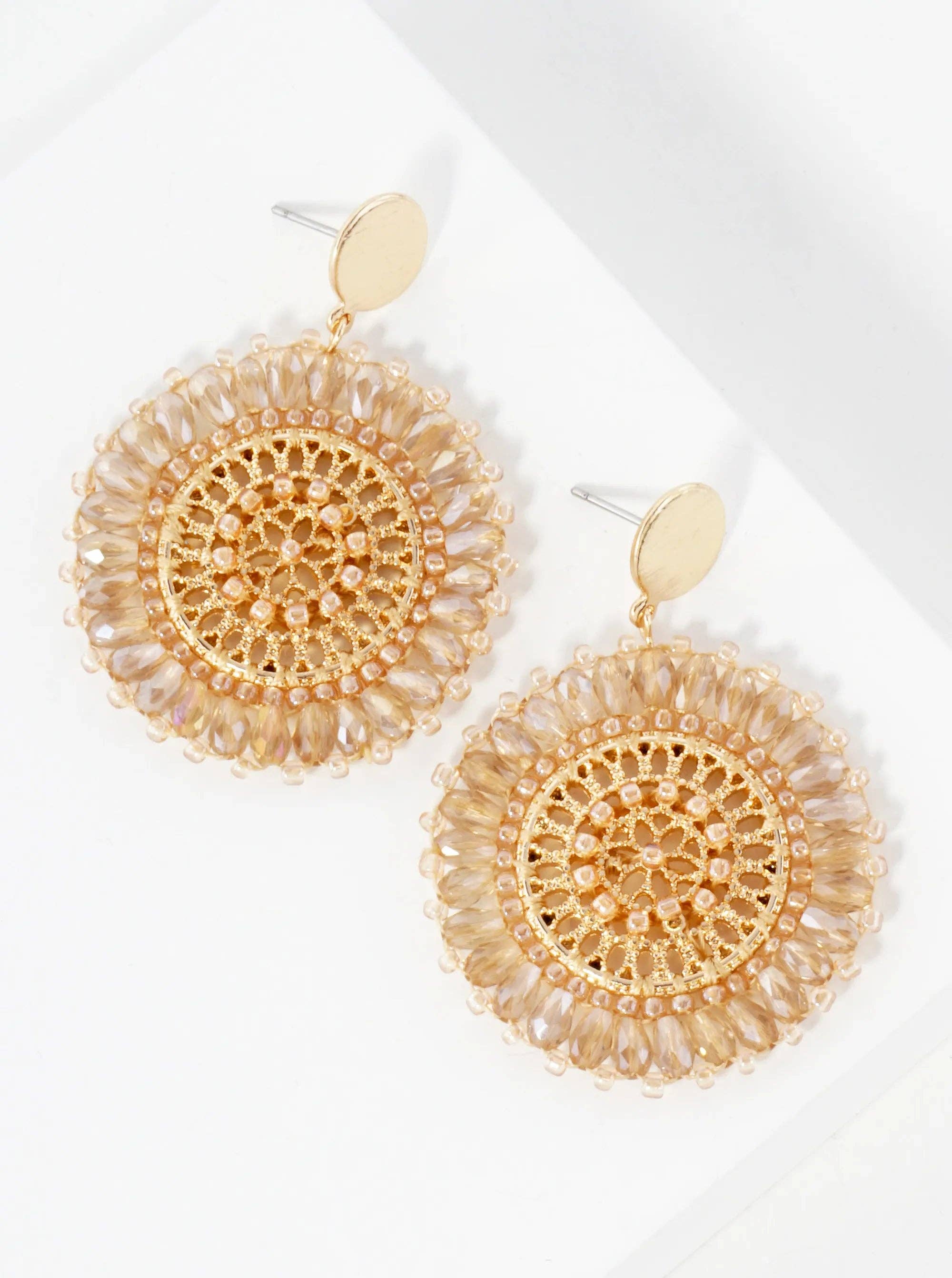 Faceted Glass-Beaded Filigree Circle Drop Earrings
