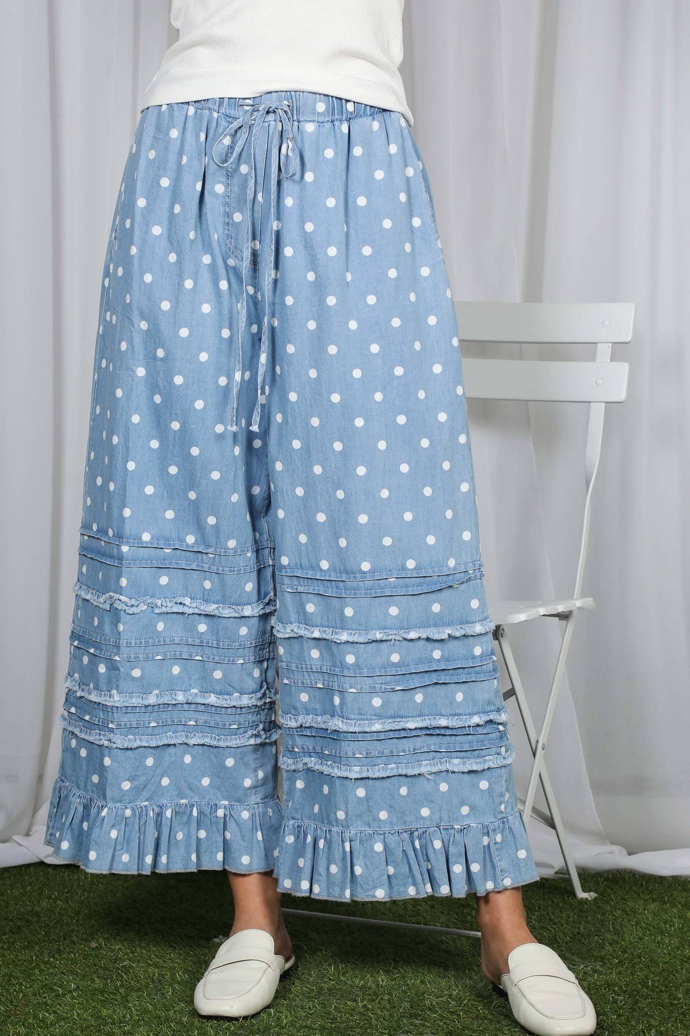 Polka Dot Flared Ruffle Crop Denim Pants