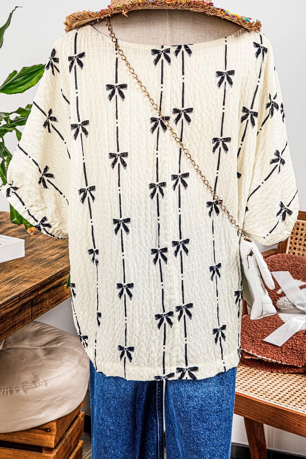 Spring Fashion-W Bow Print Puff Short Sleeve Top