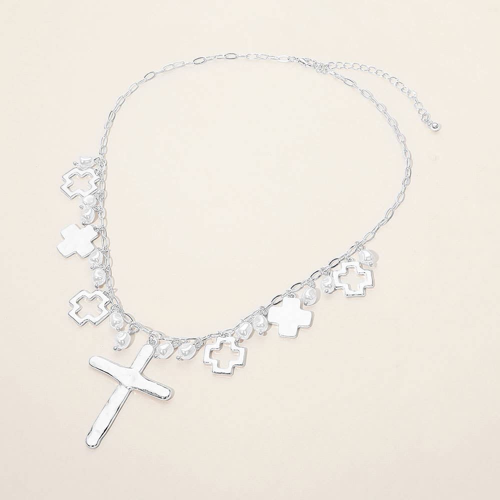 Hammered Metal Cross Pearl Charm Embellished Necklace