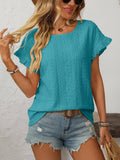 Women’s Eyelet Knit Crewneck Ruffle Sleeve Summer Top