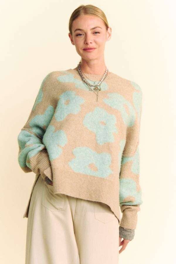 FLORAL LONG SLEEVE LOOSE FIT PULLOVER KNIT SWEATER