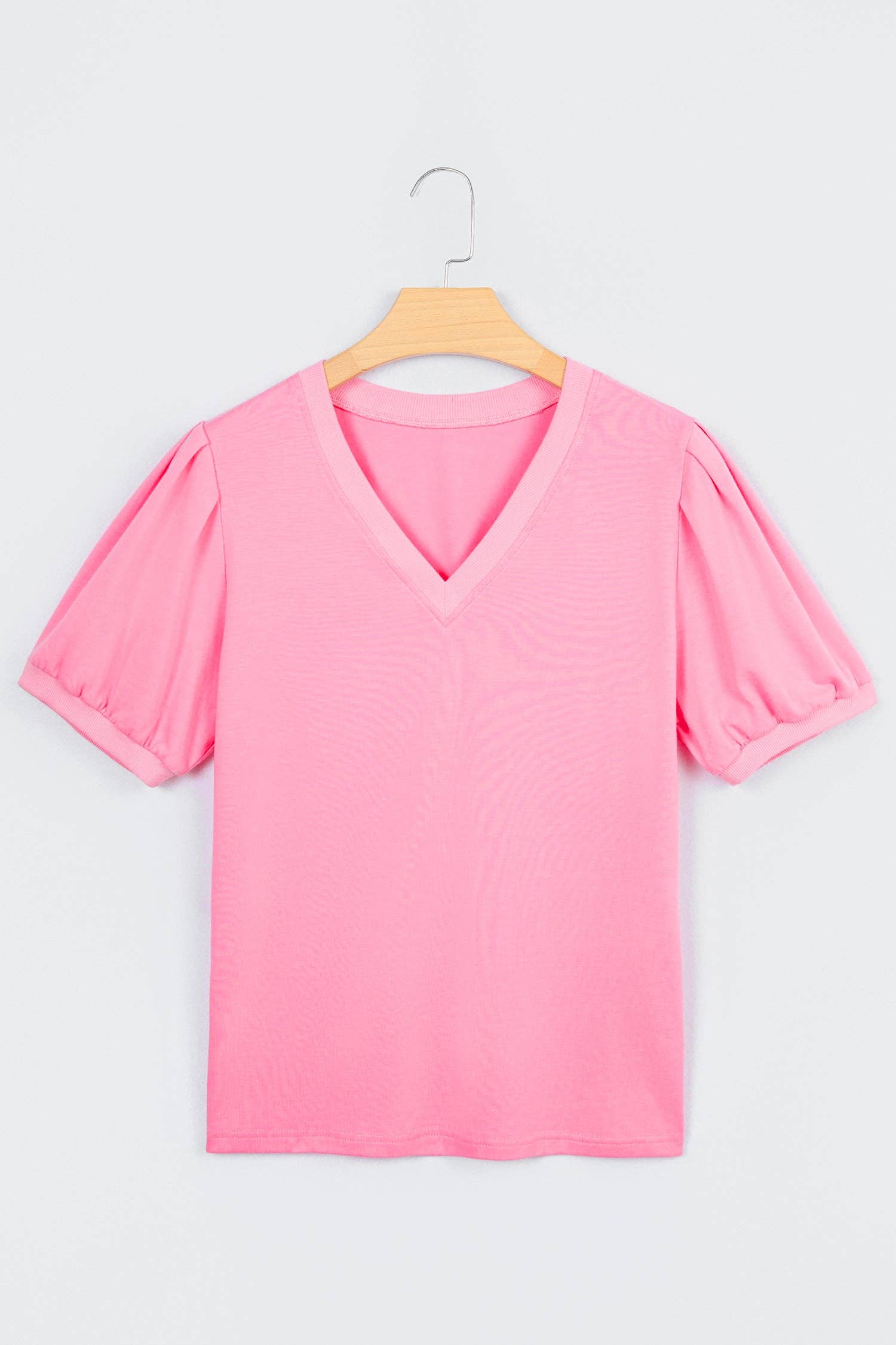 Bonbon Solid V Neck Puff Sleeve Lightweight Blouse Top