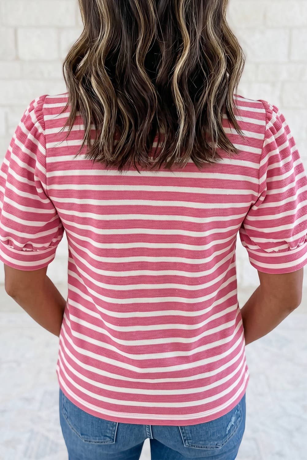 Short Puff Sleeve Color Block Polo Collar Blouse