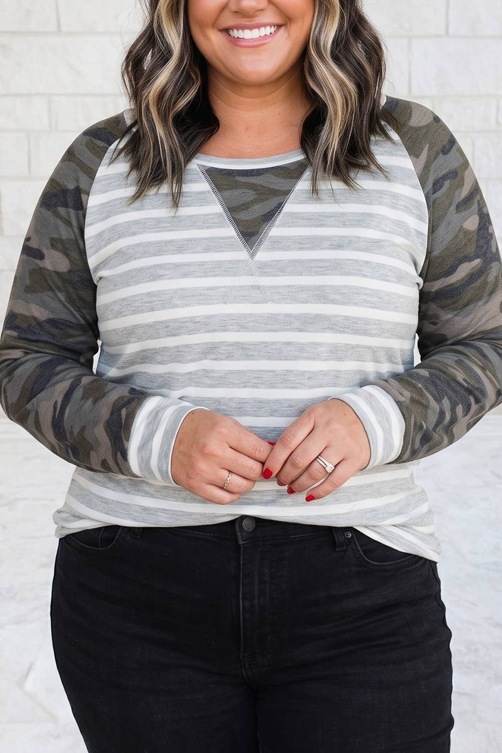 Striped Colorblock Round Neck Long Sleeve Plus Size Blouse