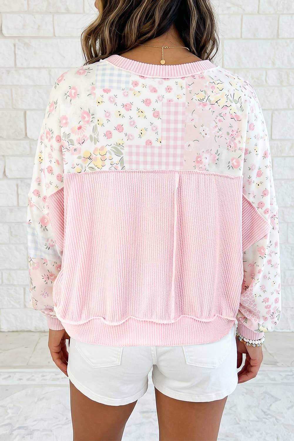 Floral Twisted Rib Patchwork Loose Long Sleeve Top S–4X