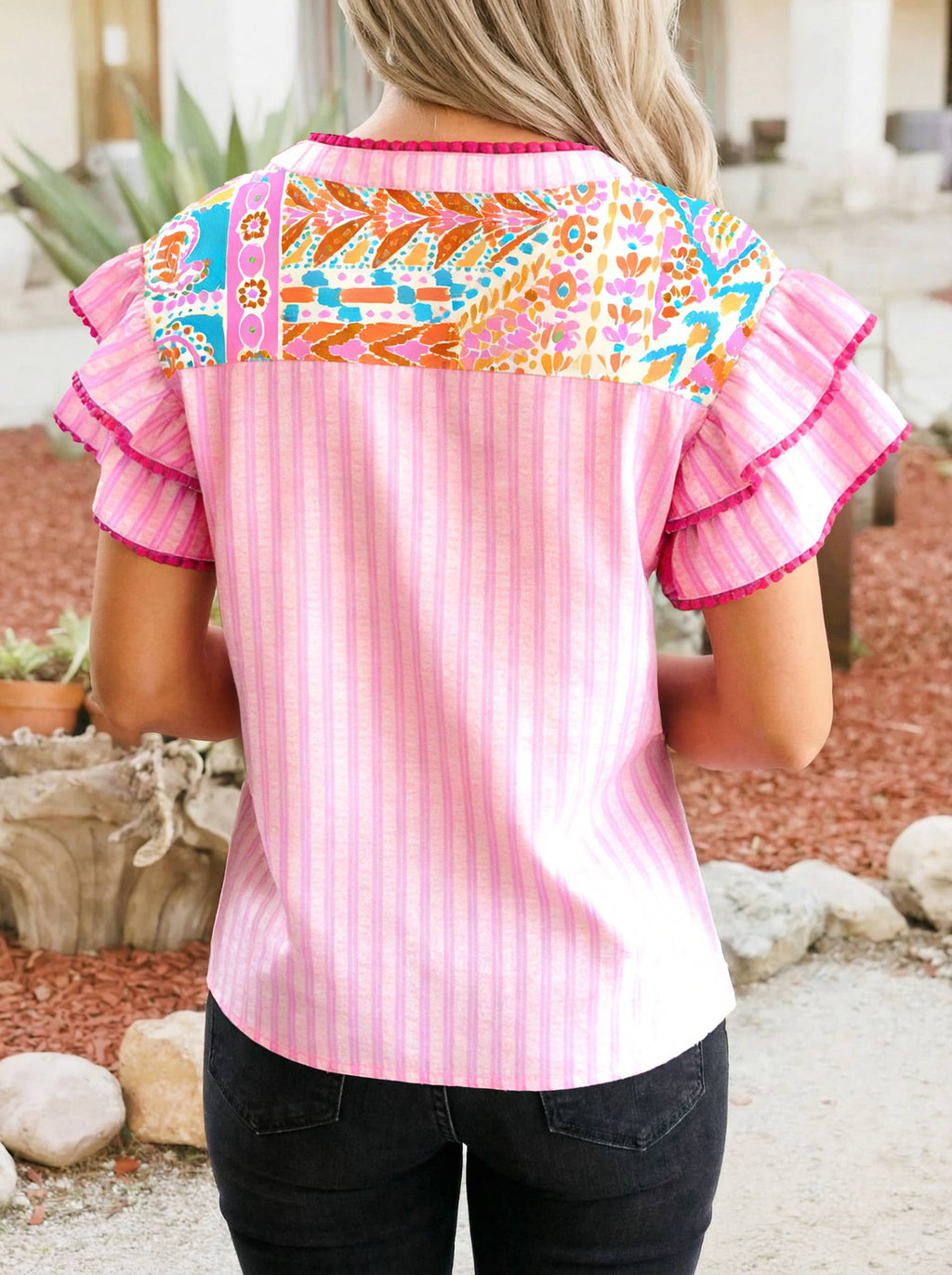 Boho Trim Print Striped Patchwork Tiered Short Sleeve Blouse