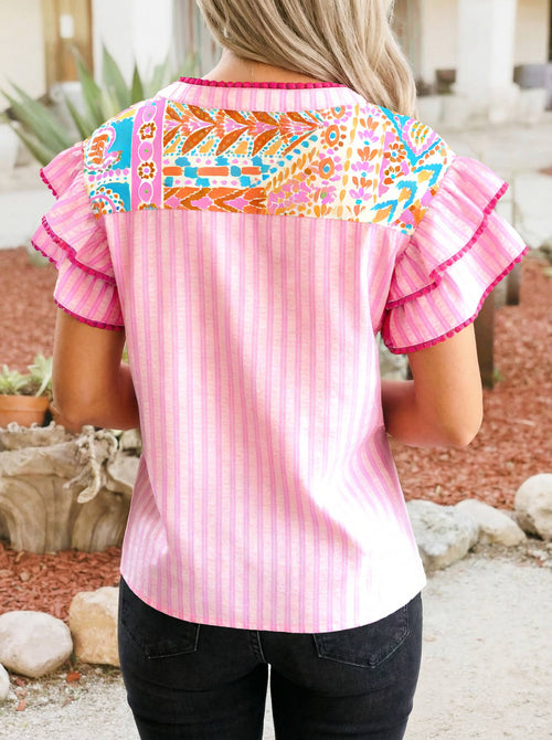 Boho Trim Print Striped Patchwork Tiered Short Sleeve Blouse