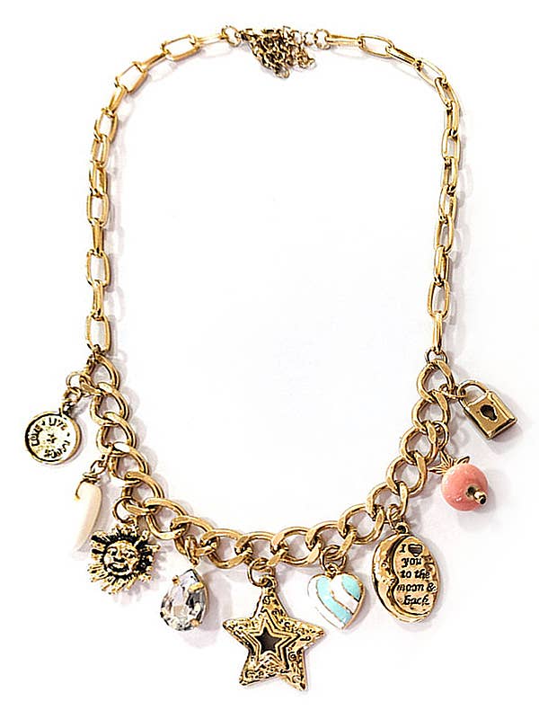 ( R086 )   VINTAGE CHARM DANGLE NECKLACE - MOON STAR SUN