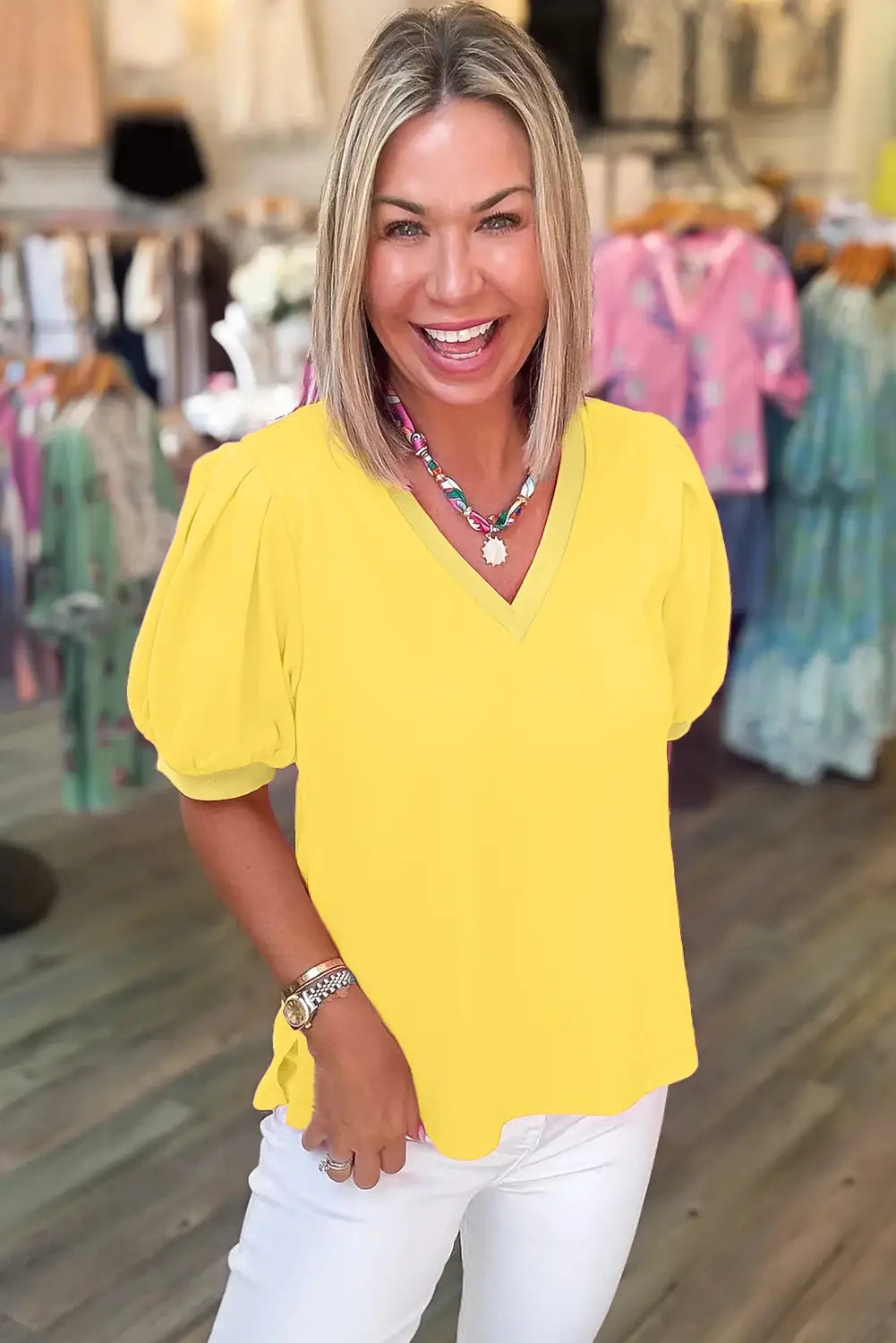 Bonbon Solid V Neck Puff Sleeve Lightweight Blouse Top