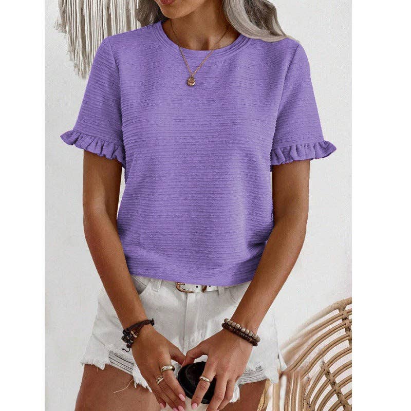 Ruffle Sleeve Round Neck Textured Top for Women