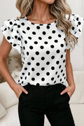 Polka Dot Ruffle Sleeve Short Sleeve Blouse | S-XL