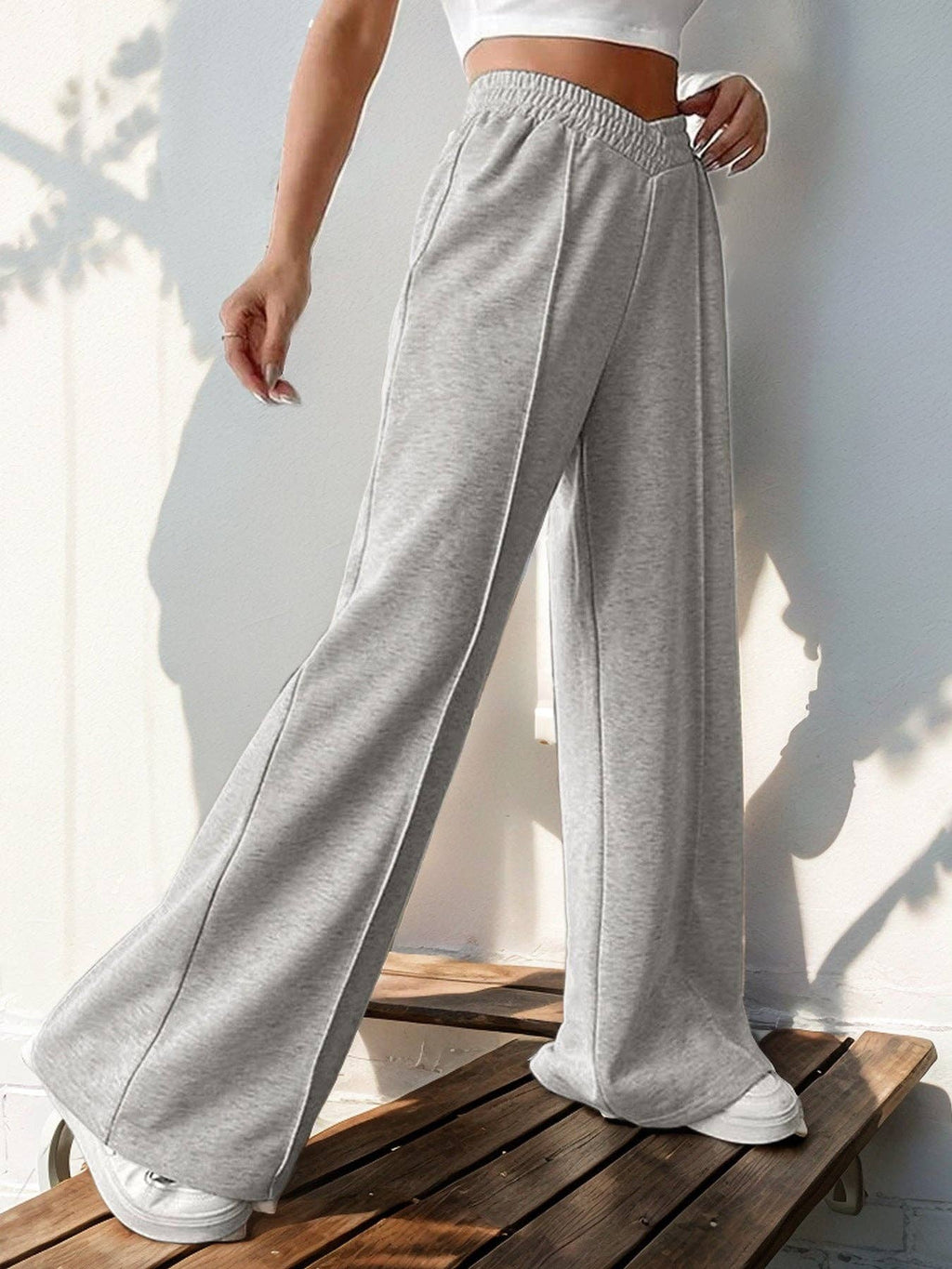 Solid Knit Wide Leg Pants High Waist Athleisure