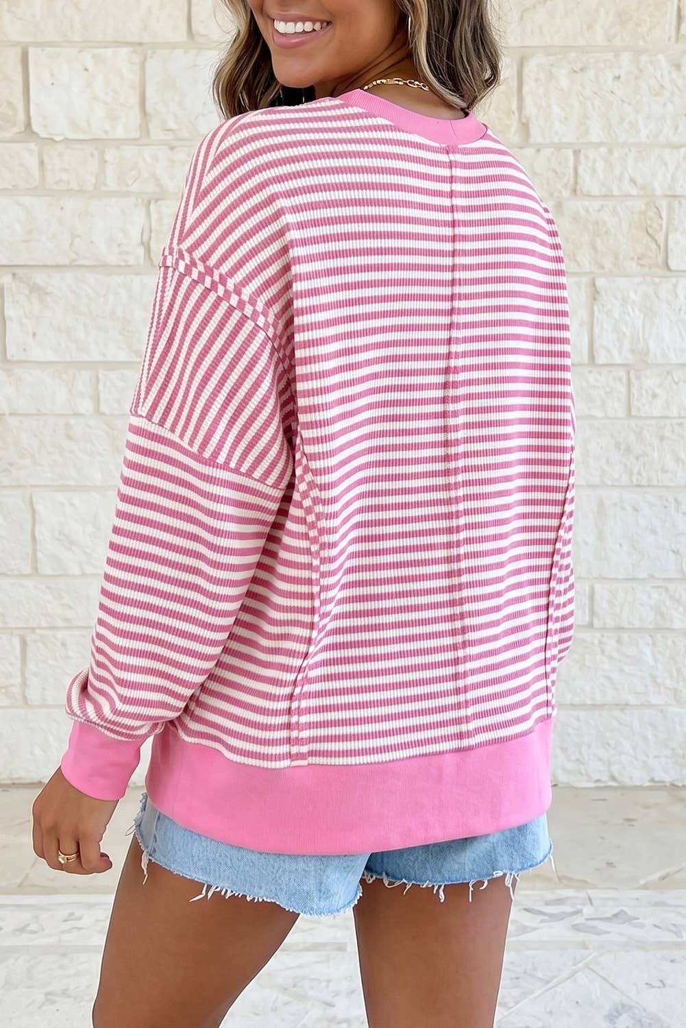 Stripe Contrast Trim Long Sleeve Split Hem Pullover Top