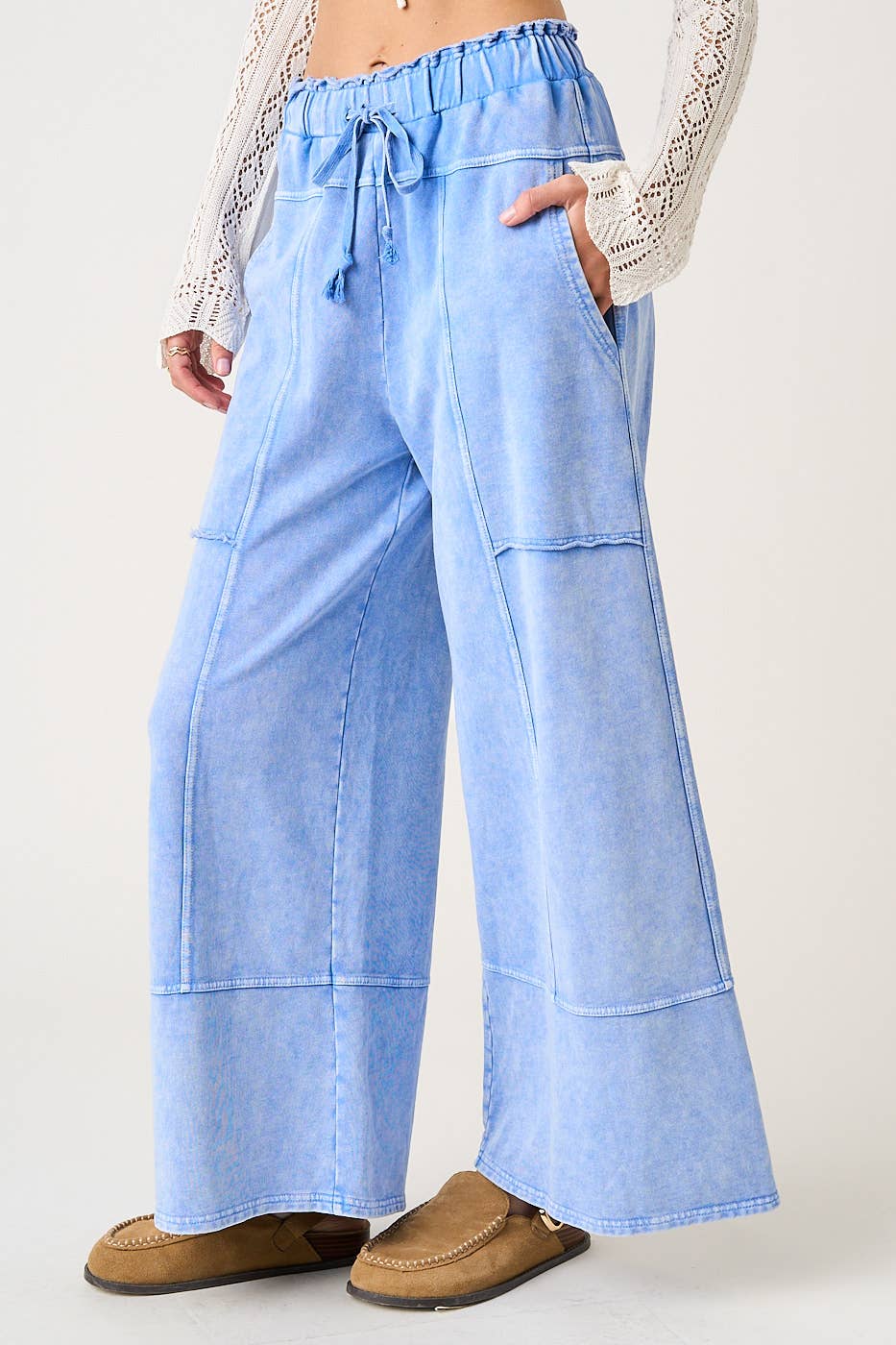 MINERAL WASH SEAM DETAIL WIDE LEG PANTS
