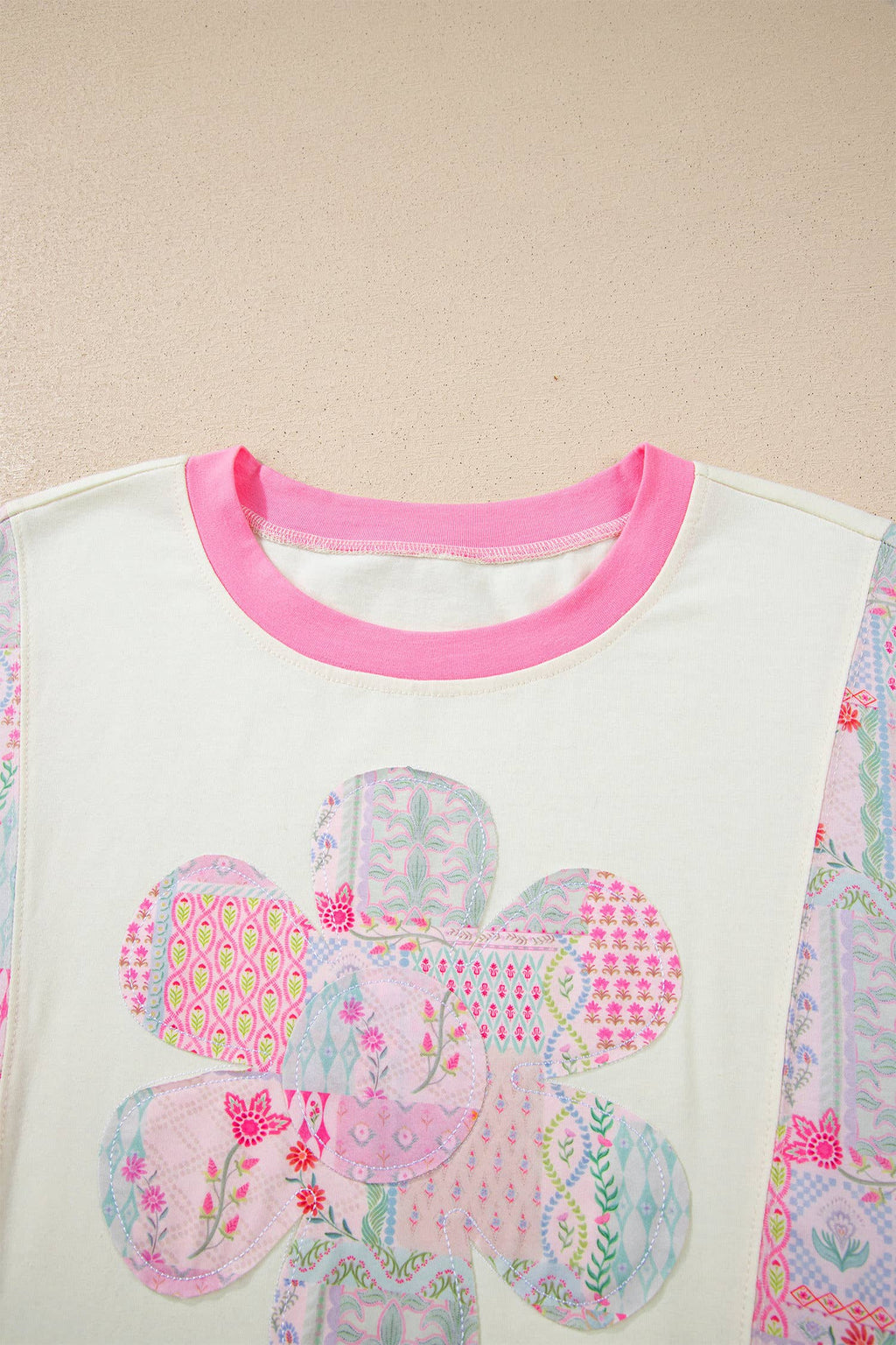 Plus Size Boho Patchwork Flower Power Round Neck Tee (S-4X)