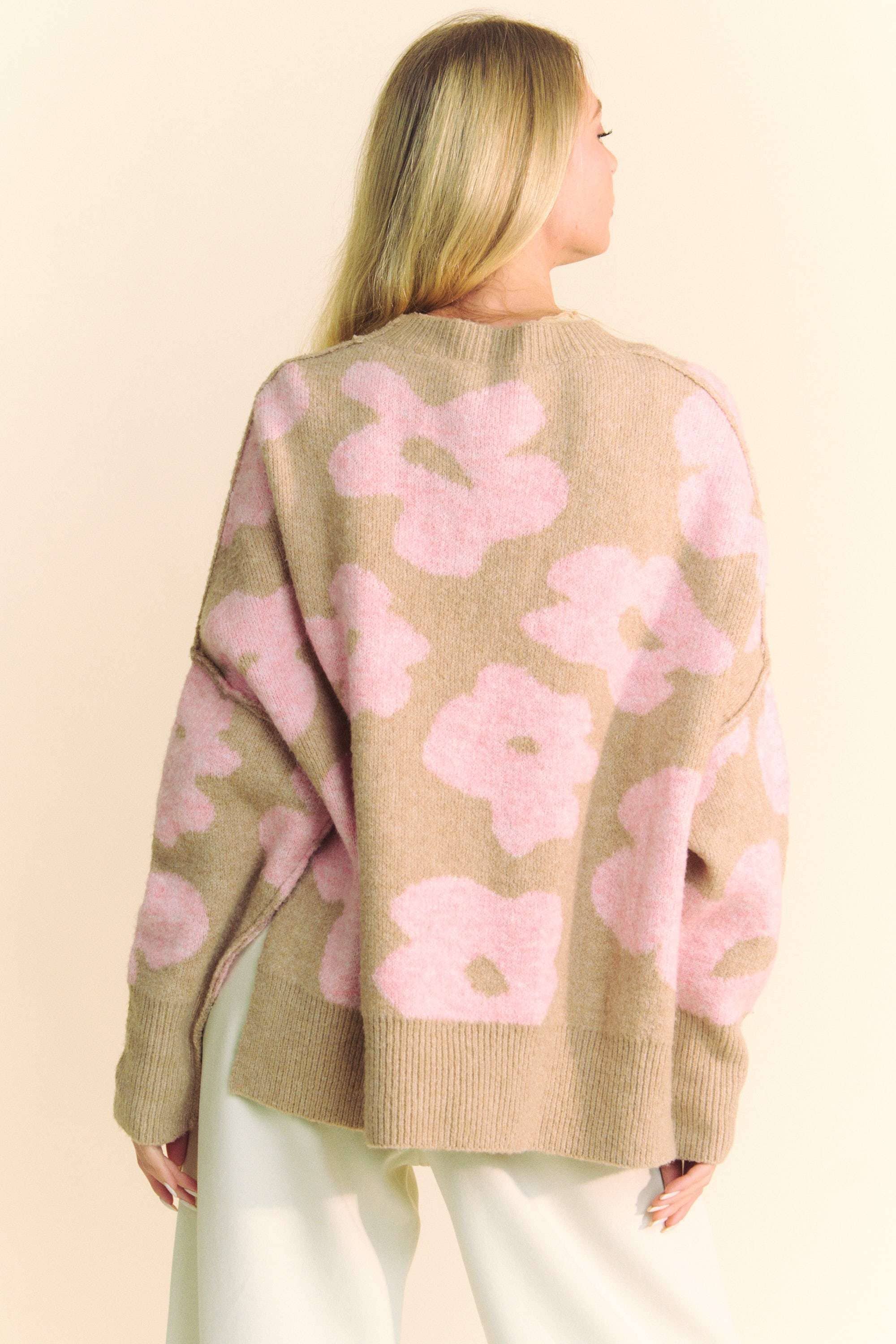 FLORAL LONG SLEEVE LOOSE FIT PULLOVER KNIT SWEATER