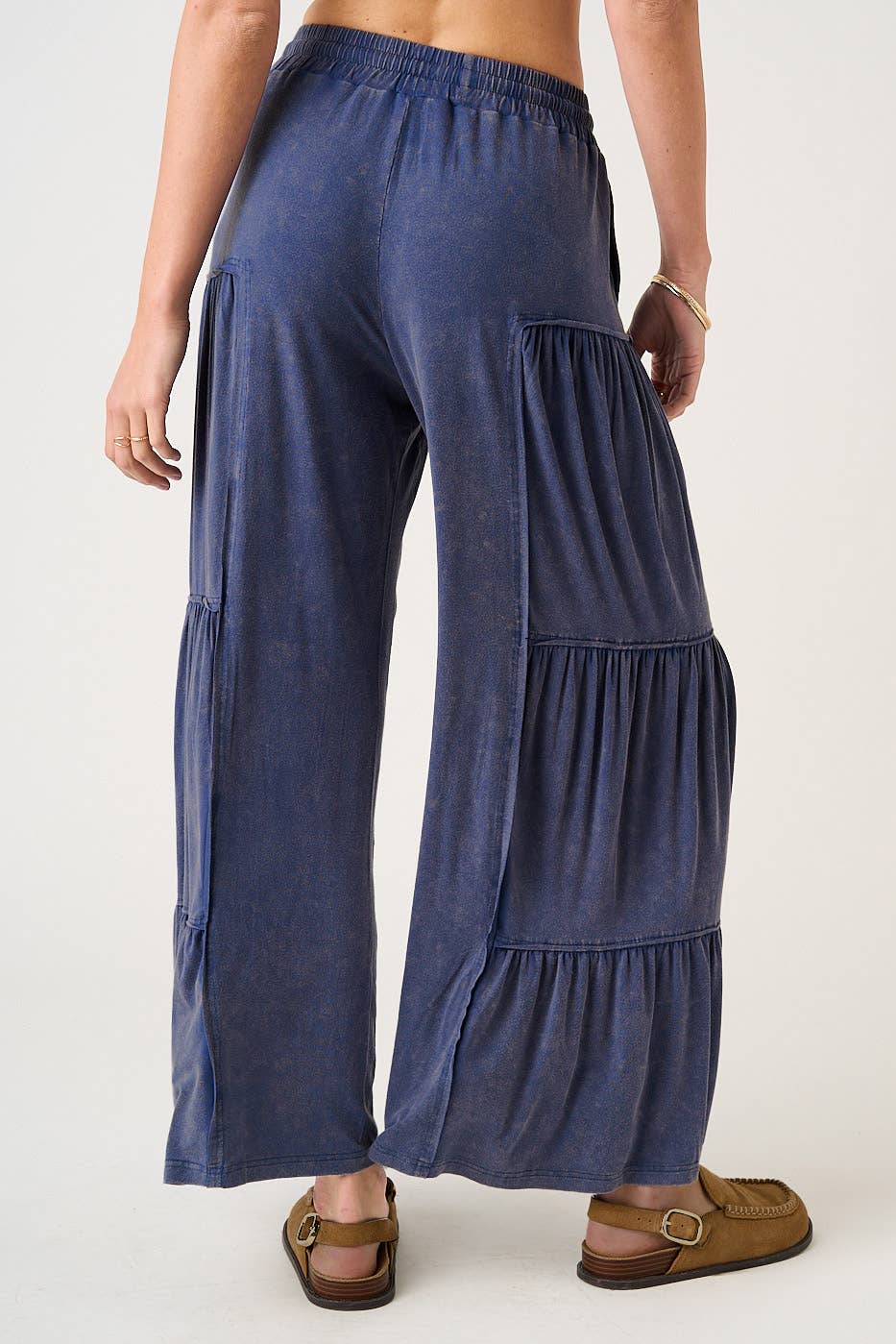 MINERAL WASH TIERED WIDE LEG ELASTIC WAIST PANTS