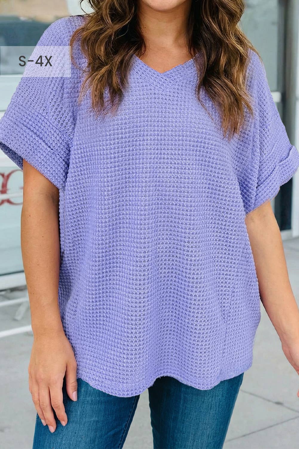 Plus Size Waffle V Neck Short Sleeve Knit Top (S-4X)