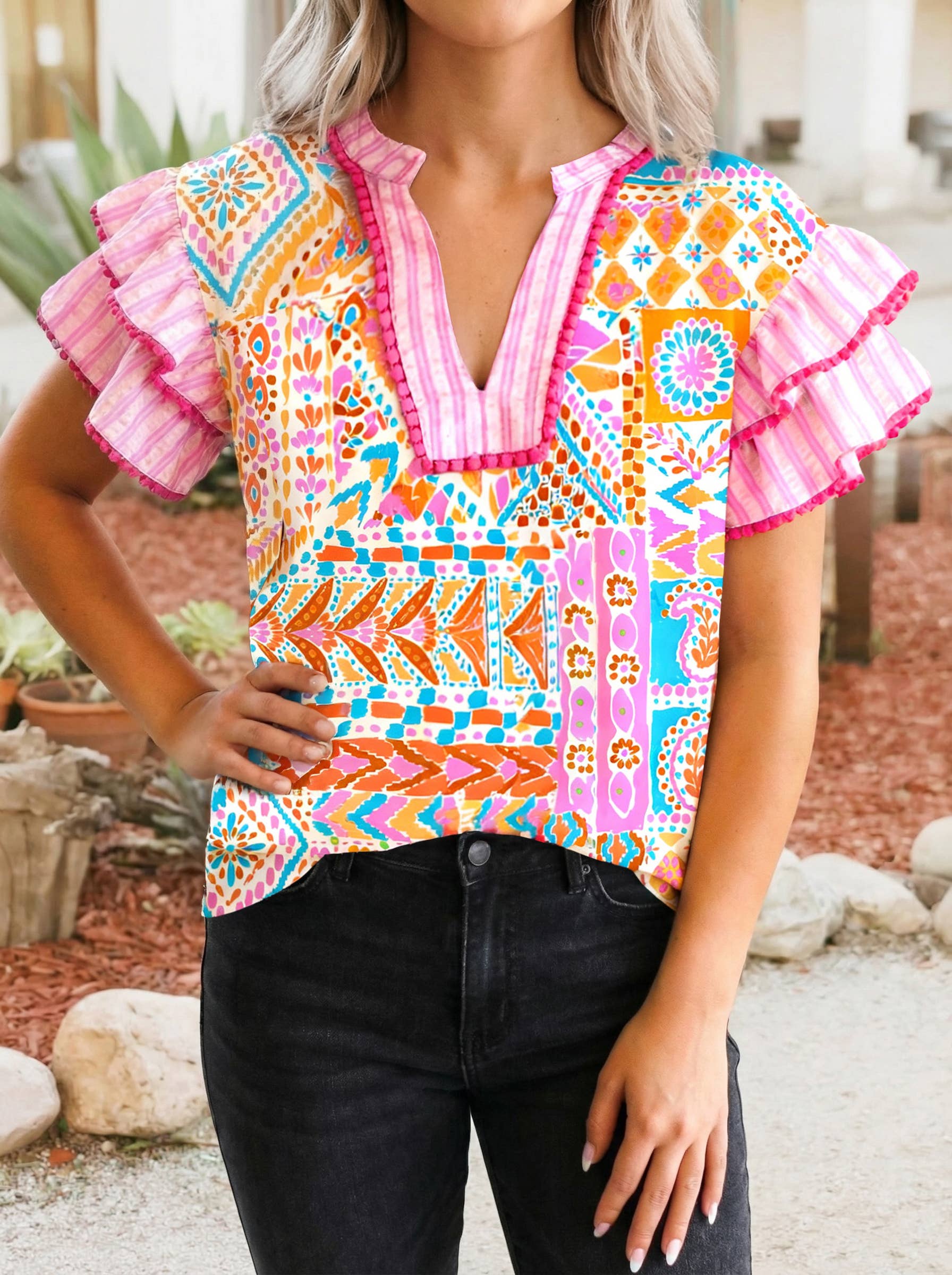 Boho Trim Print Striped Patchwork Tiered Short Sleeve Blouse