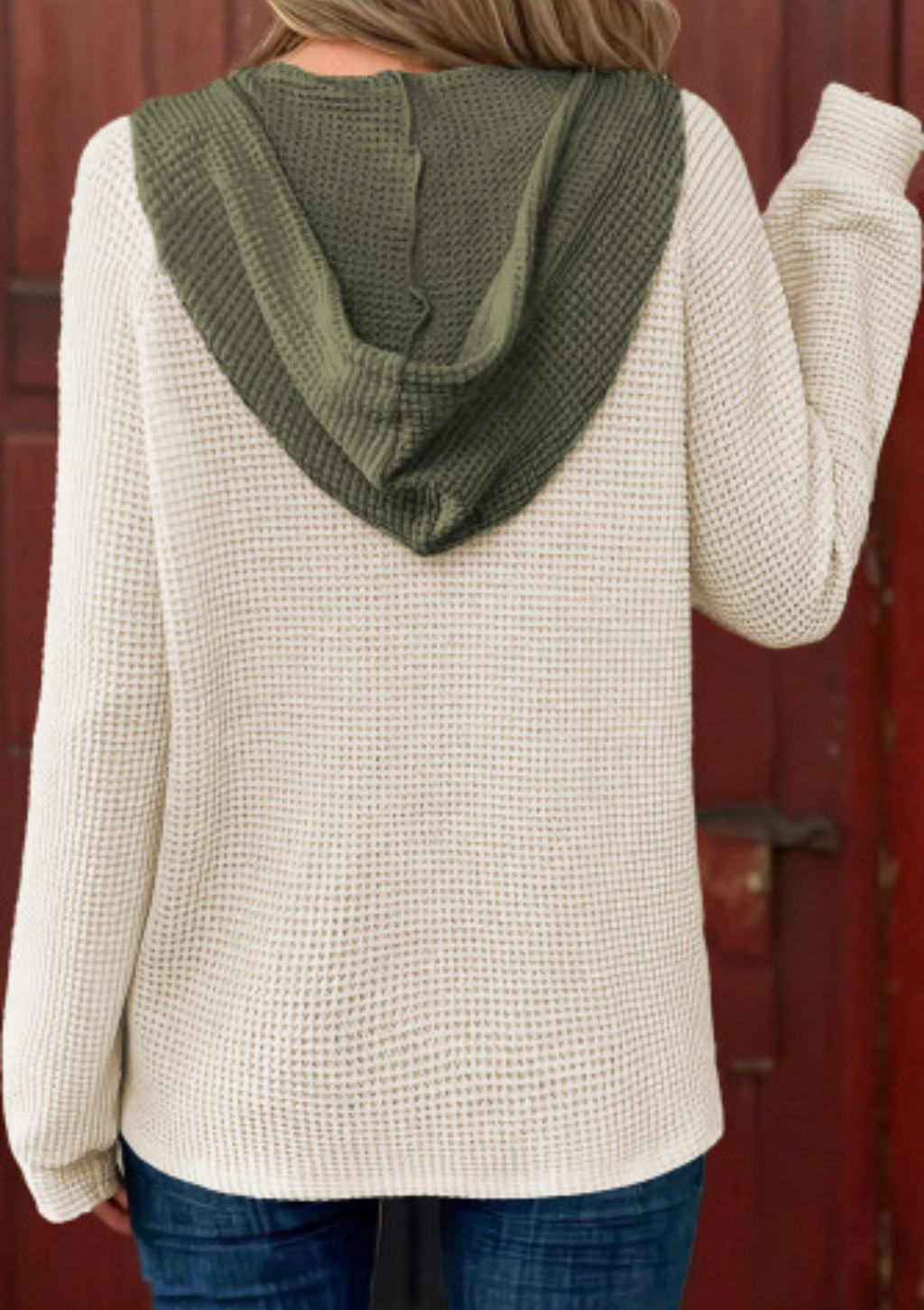 White waffle contrast, half buttoned, hooded pullover