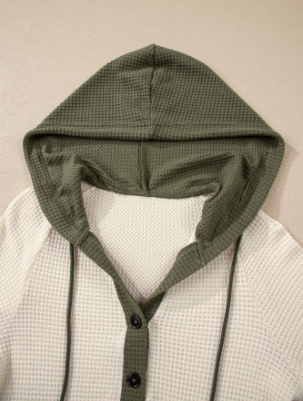 White waffle contrast, half buttoned, hooded pullover