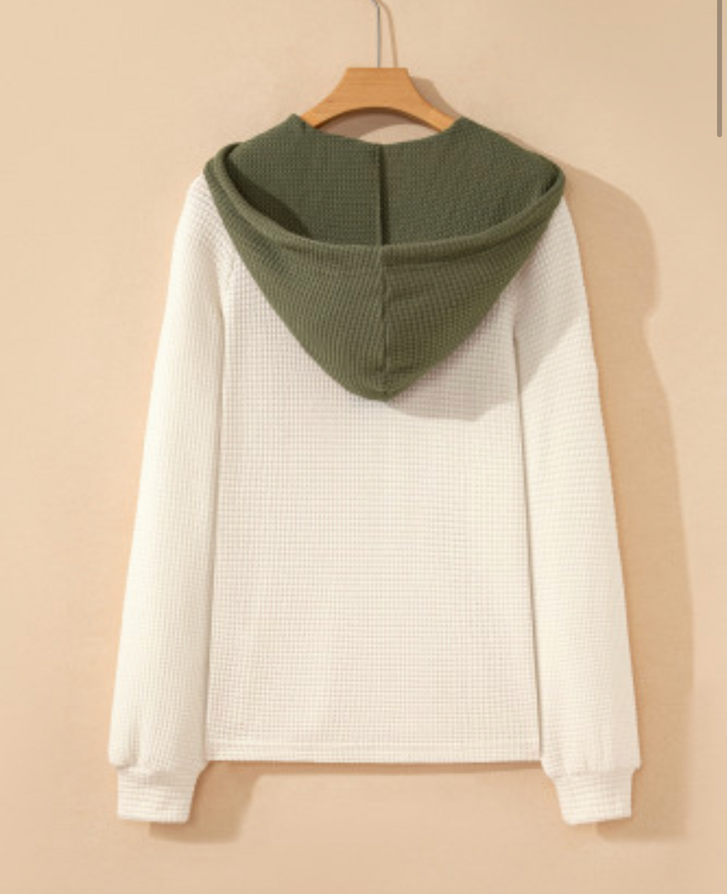 White waffle contrast, half buttoned, hooded pullover