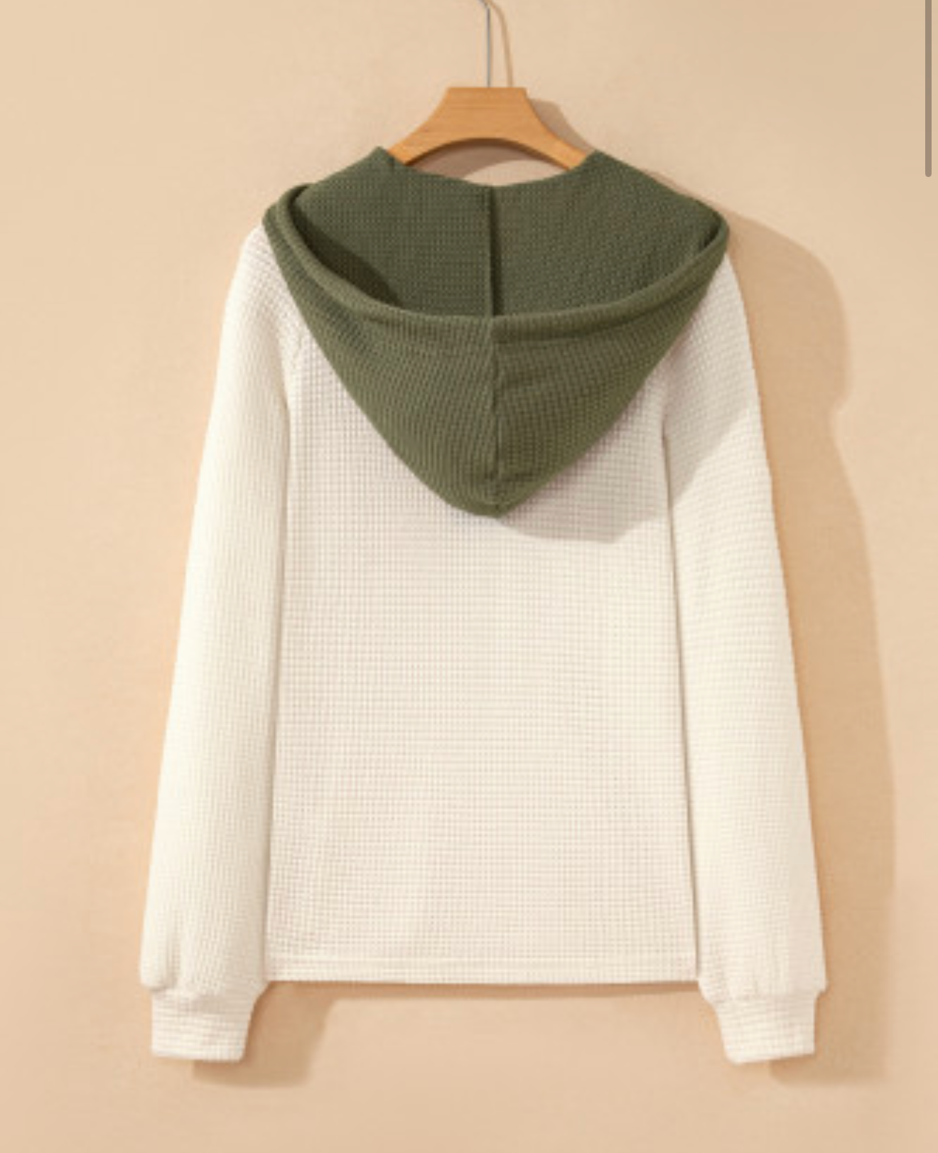White waffle contrast, half buttoned, hooded pullover