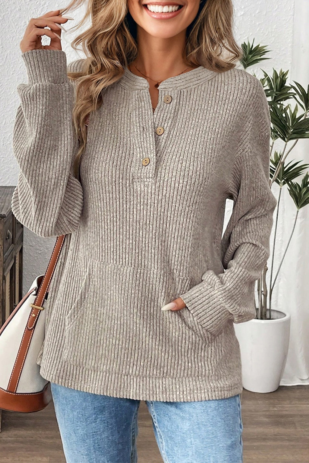 Simply Taupe Ribbed Texture Drop Shoulder Henley Top