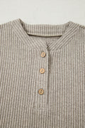 Simply Taupe Ribbed Texture Drop Shoulder Henley Top