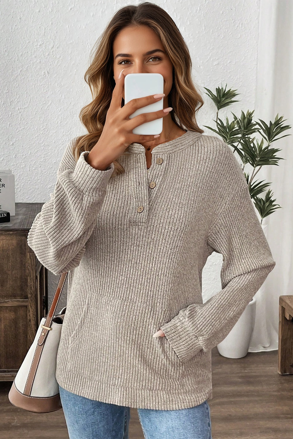 Simply Taupe Ribbed Texture Drop Shoulder Henley Top