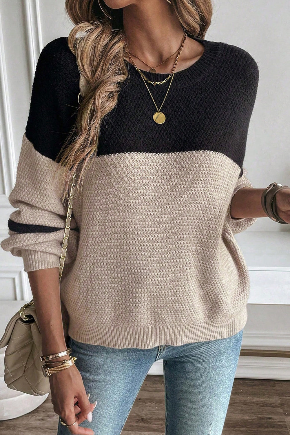 Parchment Color Block Knit Striped Sleeve Casual Sweater