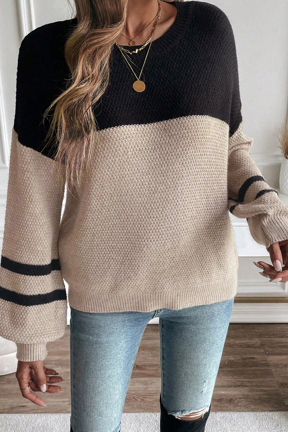Parchment Color Block Knit Striped Sleeve Casual Sweater