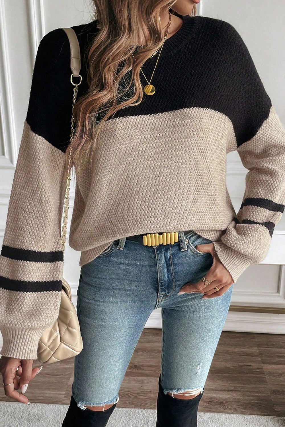 Parchment Color Block Knit Striped Sleeve Casual Sweater