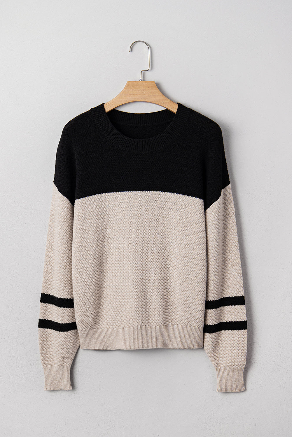 Parchment Color Block Knit Striped Sleeve Casual Sweater