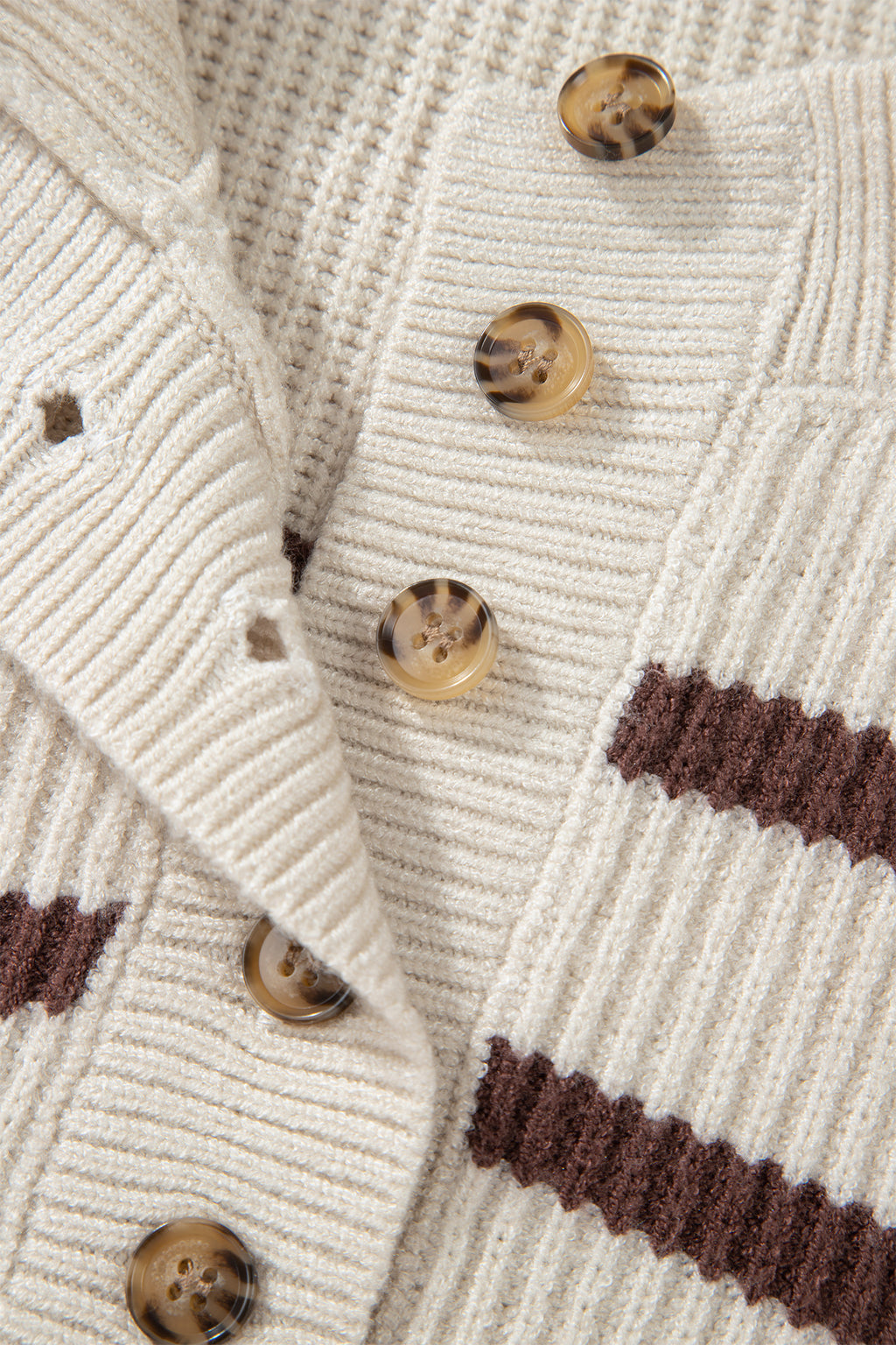 Brown Stripe Ribbed Henley Drop Shoulder Slouchy Sweater